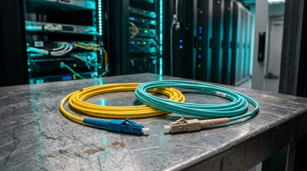 single mode and multimode fibre optic patch leads coiled on a data hall bench
