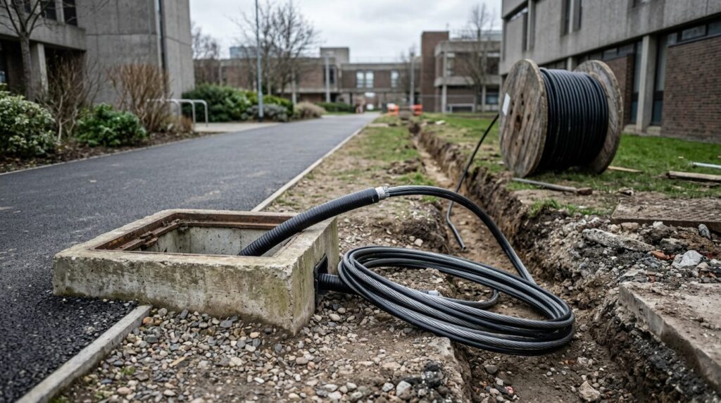 high fibre count single mode cable entering an underground duct on a campus estate